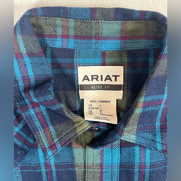 NWT Ariat L Blue Green Casual Retro Fit Plaid Pearl Button Snap Flannel Shirt - Picture 3 of 8